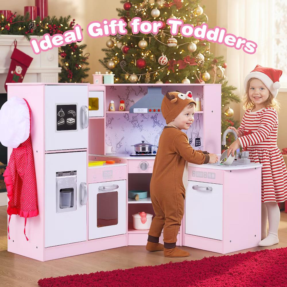 Kids Corner Kitchen Playset Wooden Pretend Play Toy w/ Microwave & Ice Maker - Image 5