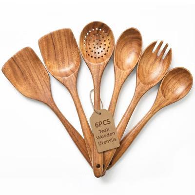 Premium Natural Teak Wood Kitchen Utensil Set, Spoons & Spatula Wooden Cooking Utensils Set, Non-Stick Hand Wash Kitchen Tool Set, 6 Piece Utensil Set - Image 3