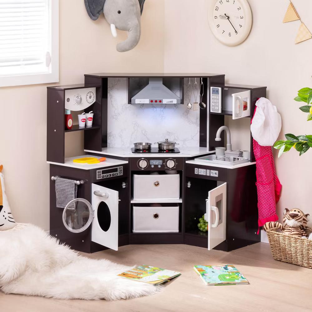 Wooden Kids Play Corner Kitchen with Realistic Lights & Sounds Lighted Range Hood Brown/Grey - Image 4