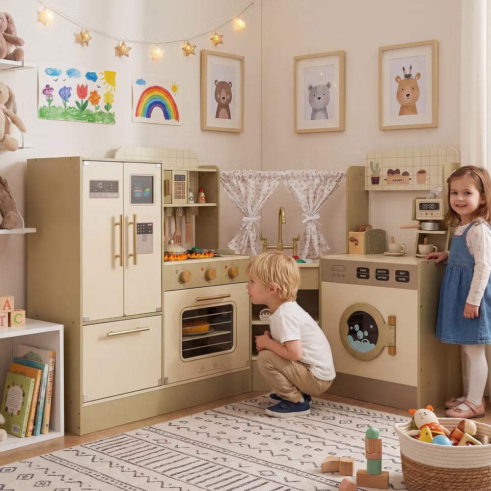 Kids Corner Play Kitchen w/Faucet Dishwasher Stoves Coffee Machine Refrigerator - Image 6