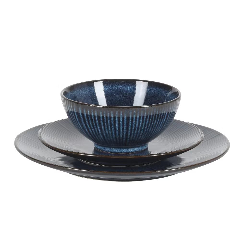 Midnight Luna Plates and Bowls Sets, 12-Piece Stoneware Dinnerware Sets, Reactive Glaze Dish Set - Blue - Image 6