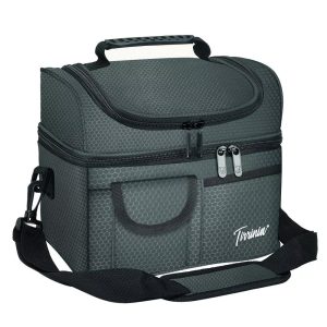 Dual Compartment Insulated Lunch Bag, Leakproof Lunch Tote with Front Pocket, Insulated Lunch Cooler Bag with Back Mesh Pocket