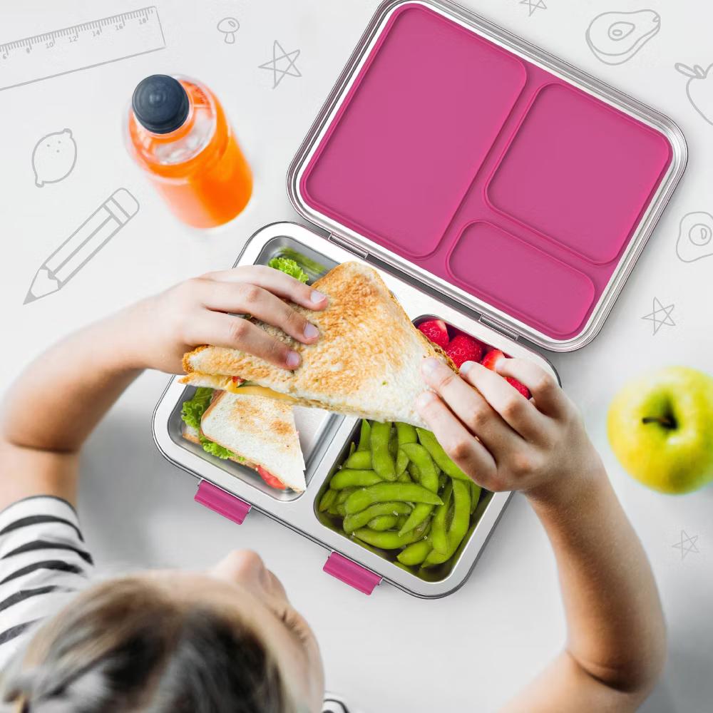 Kids' Stainless Steel Leakproof 3 Compartments Bento-Style Lunch Box - Image 17