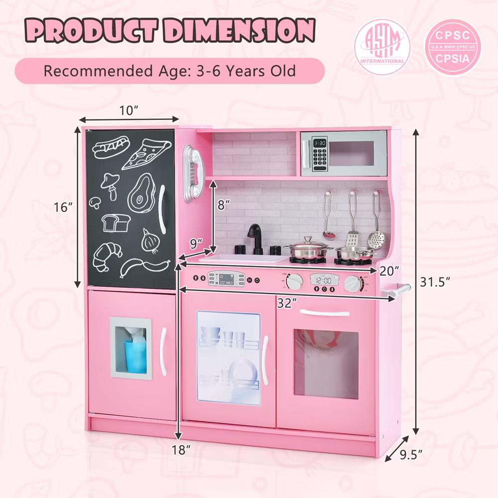 Kid's Pretend Play Kitchen Toddler Kitchen Playset with Blackboard Pink/White/Light Pink/Beige - Image 63
