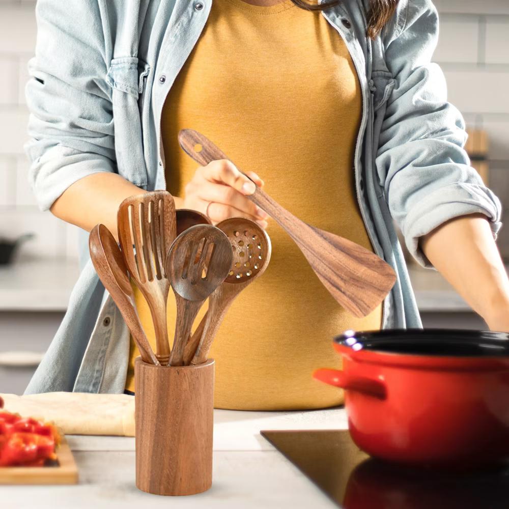 9 Piece Deluxe Wooden Utensils Set with Holder and Spoon Rest - Image 7