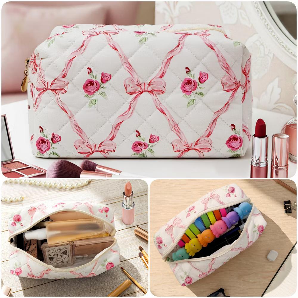 Floral Quilted Makeup Bag, Cosmetic Toiletry Travel Bag, Pencil Pouch - Image 12