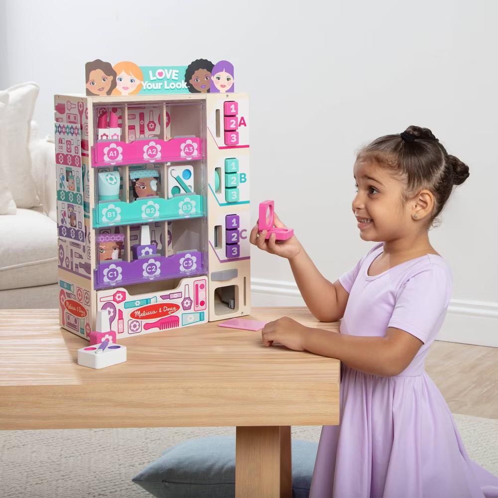 Sort, Stock, Select Beauty Kiosk Vending Machine Play Set, Pretend Makeup Wooden Toy