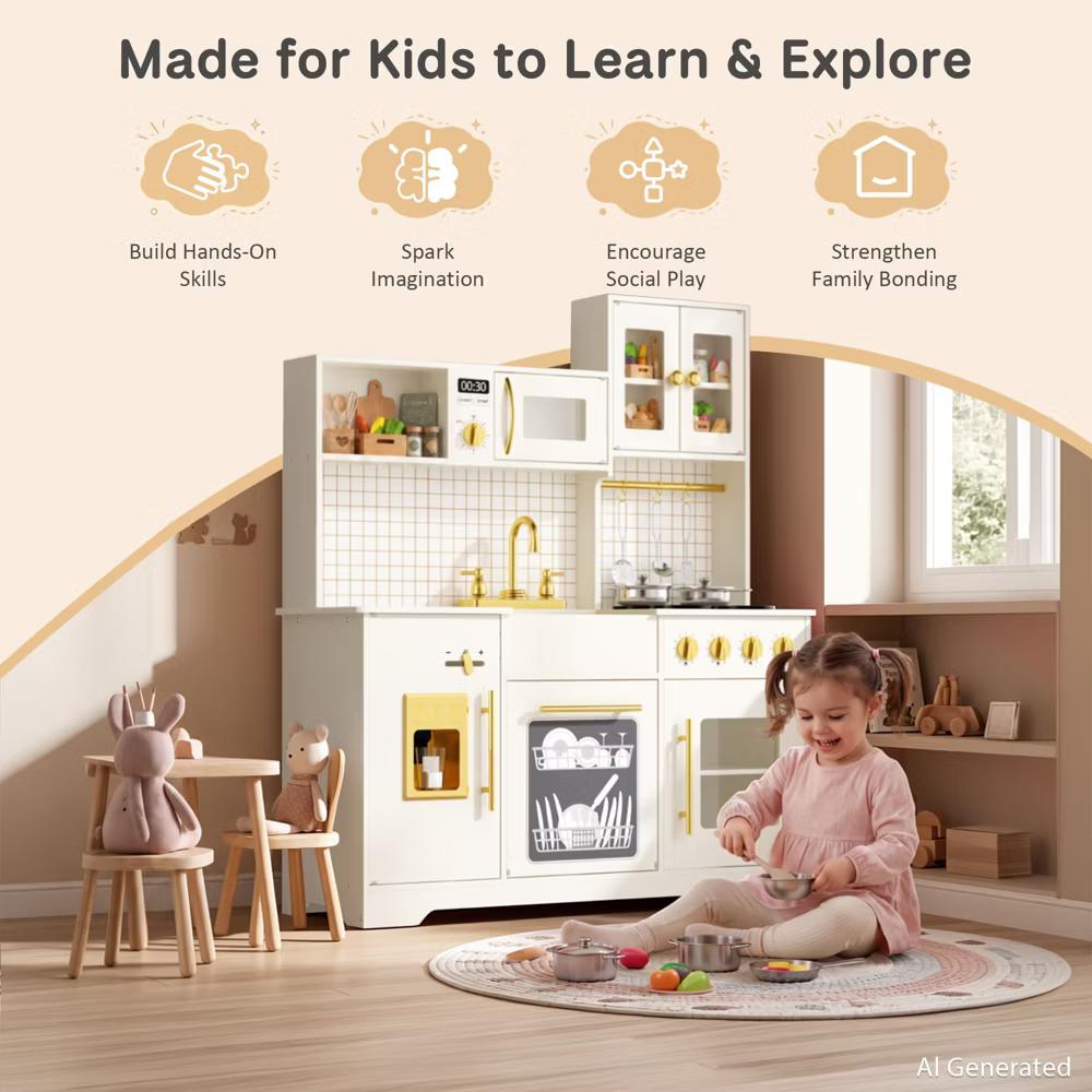 Wooden Play Kitchen with Running Water Sink, Clicking Stove Knobs, Microwave, Oven, Ice Maker & Storage, Ages 3+ - Image 9