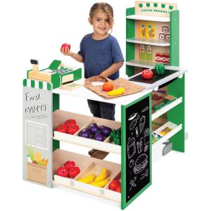 Kids Pretend Play Grocery Store Wooden Supermarket Set w/ Chalkboard, Cash Register - Red