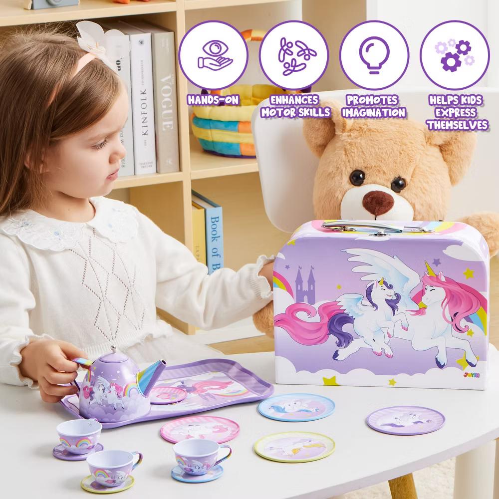 15Pcs Unicorn Tea Party Set for Girls, Pretend Play Teapot Kitchen Toy, Princess Tea Time Toy, Christmas Birthday Gifts for Kids Ages 3 4 5 6 - Image 2