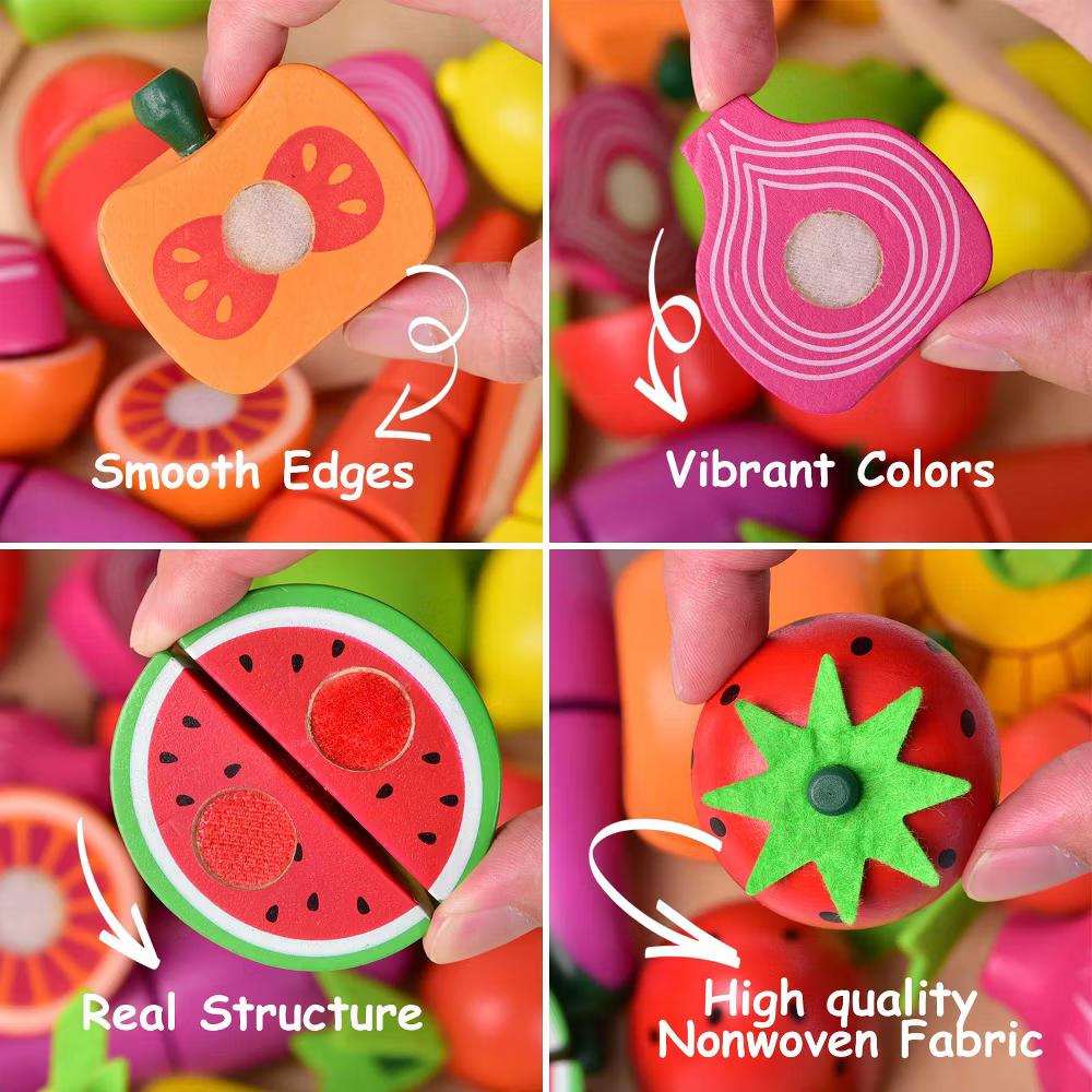 35Pcs Wooden Cutting Food Play Set with Storage Crate, Pretend Fruit & Veggie Toys, Play Kitchen Accessories for Kids - Image 11
