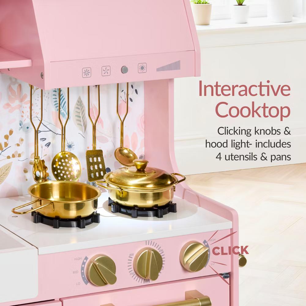 Pretend Play Kitchen with Framed Chalkboard - Pink with Flower Drawing - Image 6