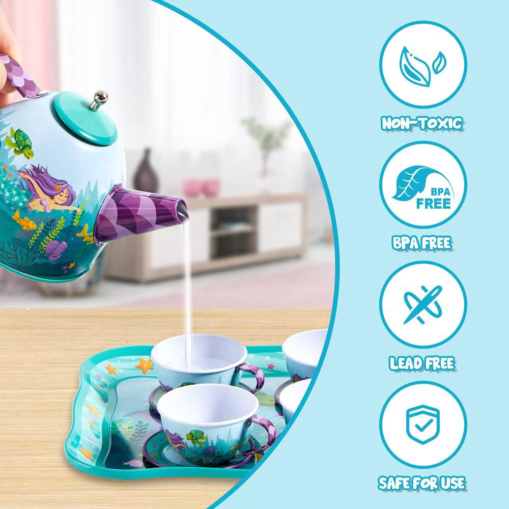 35Pcs Mermaid Tea Party Set for Girls, Pretend Tin Teapot Set, Princess Tea Time Play Kitchen Toy, Birthday Gifts Kids Toddlers Age 2 3 4 5 6 - Image 5