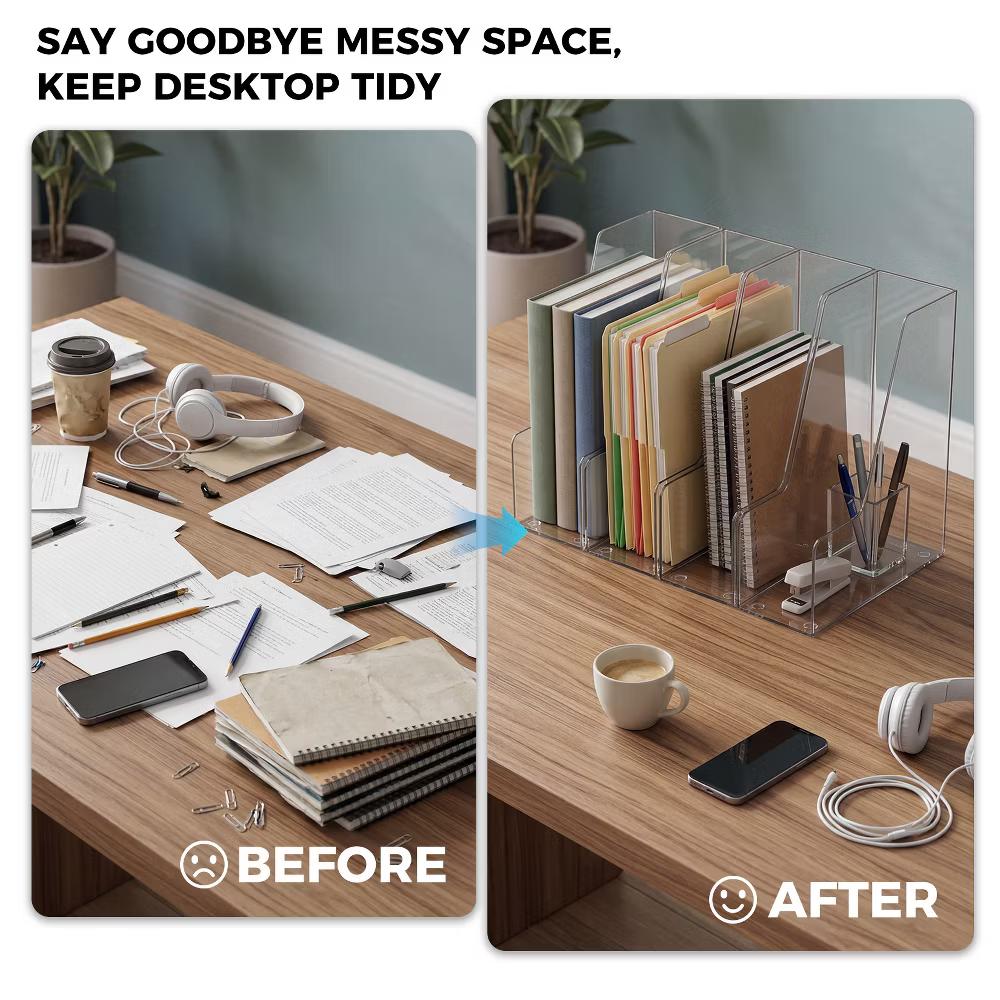 4 Slot Clear Acrylic File Organizer, Vertical Plastic Magazine Holder Desk File Sorter, Multi Compartment Document Folder Rack for Office Home - Image 7