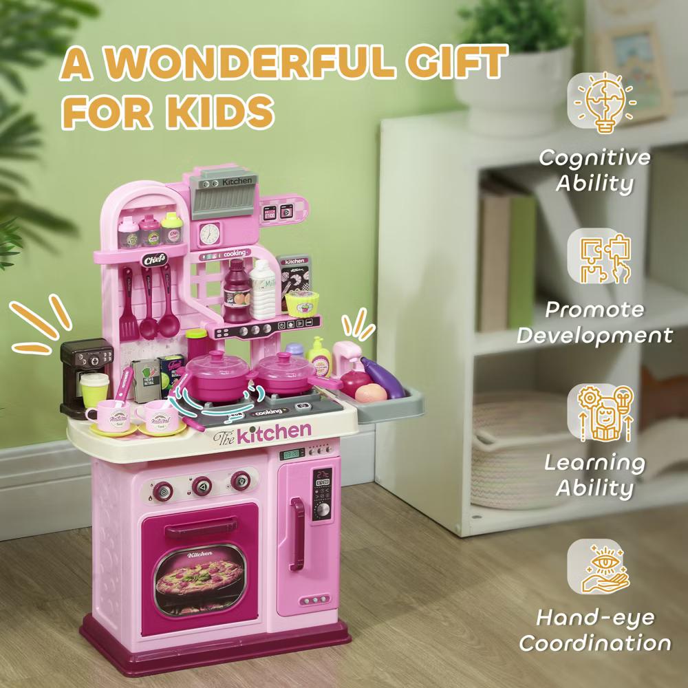Qaba Play Kitchen, Kids Kitchen Playset, Toy Kitchen with Lights, Sounds, 33 Accessories, Storage, Interactive Playset for Toddler 3-6 Years - Image 2
