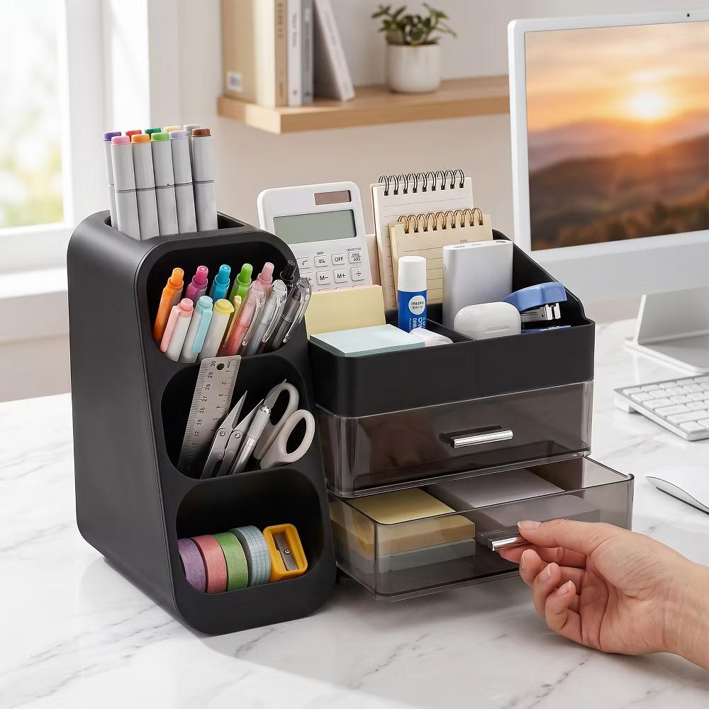 Desktop Organizer with Pen Holder, Multi-Grid Stationary Storage Caddy with 2 Clear Drawers for Office Supplies & Makeup - Image 4