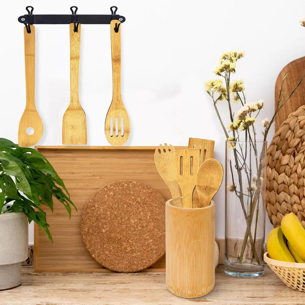 8pc Bamboo Cooking Utensils Set with Holder – Natural Wooden Spoons and Spatulas for Nonstick Pans - Image 7