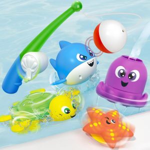 Baby Bath Toys, Magnetic Fishing Games with Spinning Octopus and Starfish,Wind-Up Shark Toys, Fishing Rod Water Pool Toys for Toddlers 1.5-3