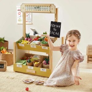 Kid's Pretend Grocery Store Role Play Toy with Cash Register DIY Price Tags and Chalkboard