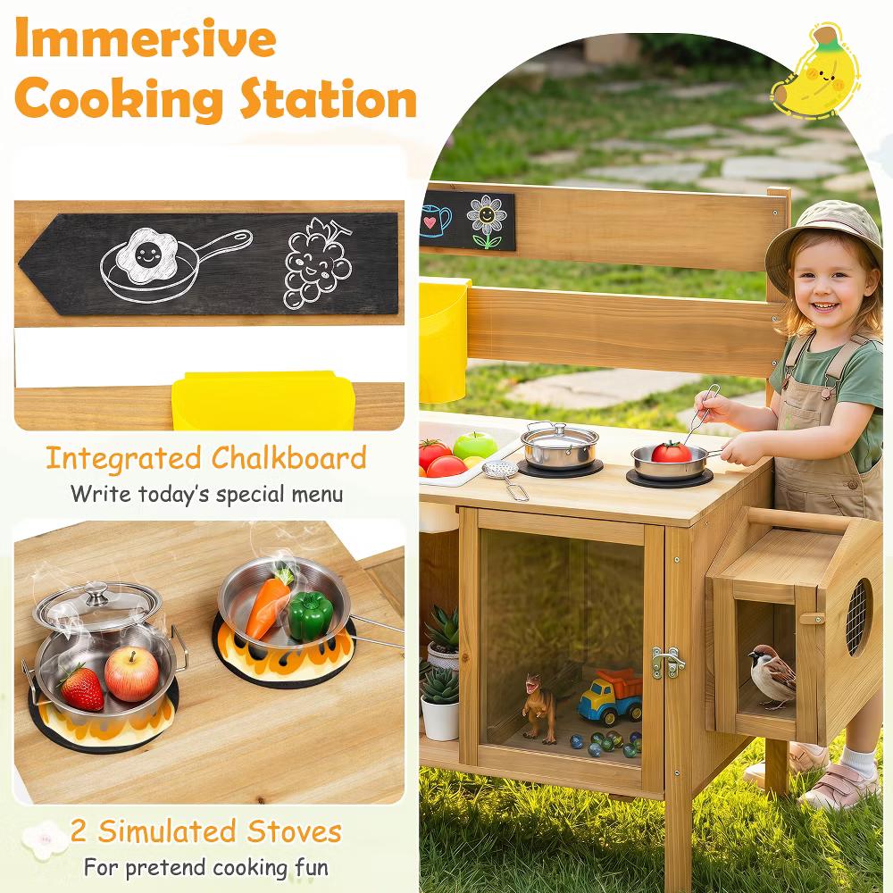Mud Kitchen for Kids, Pretend Play Kitchen with Detachable Bird Cage,Trellis - Image 10