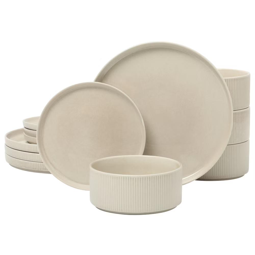 Solana Coast 12 Piece Stoneware Reactive Glaze (Service for 4) Ceramic Plates and Bowls Modern Shape Embossed Dinnerware Set - Image 19