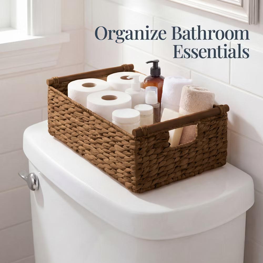 Wicker Storage Basket, Shelf Basket w/ Wooden Handles, Rectangular Storage Bin - Natural - Image 2