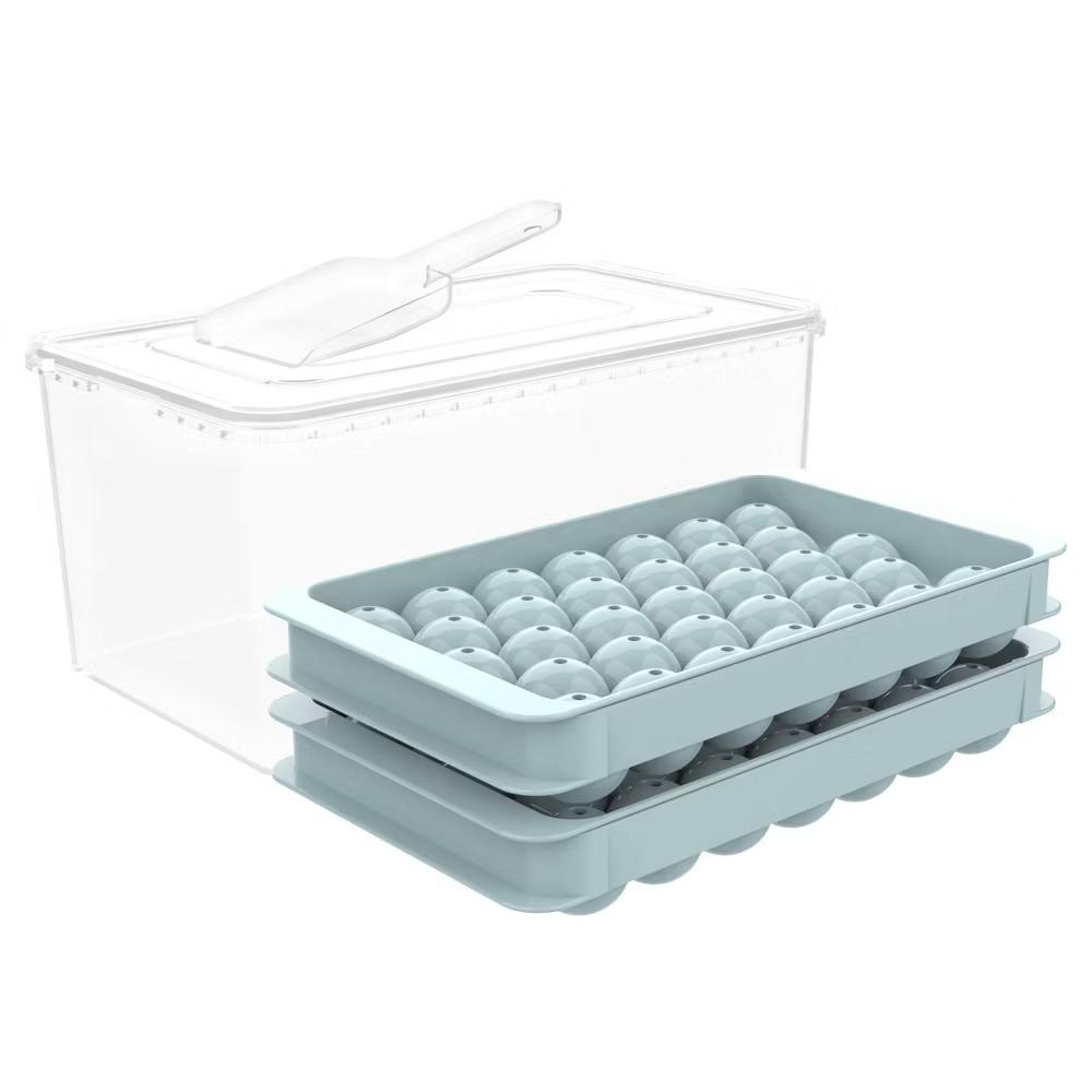 0.8 Inch Round Ice Cube Tray with Lid & Storage Bin, Small Sphere Ice Ball Molds for Freezer, Reusable Ice Maker Tray for Whiskey, Cocktails & Drinks