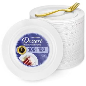 White Plastic Dessert Plates with Gold Plastic Forks Combo Set (200 Pack)