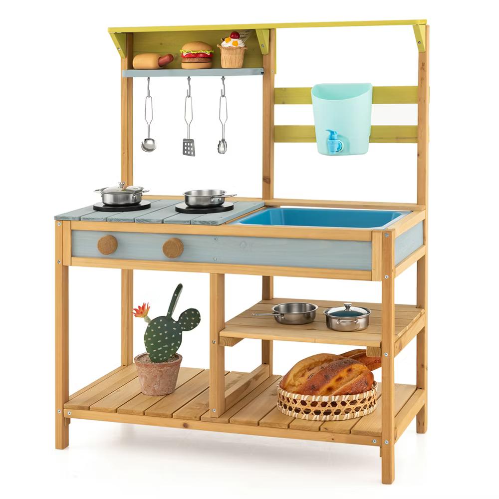 Wooden Play Kitchen Set, Outdoor Kid's Mud Kitchen with Faucet & Water Box - Image 9