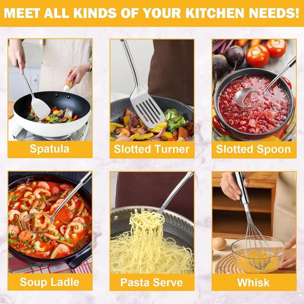 Home Collection Pack of 6 Stainless Steel Kitchen Utensils Set with Hanging Handles - Image 5