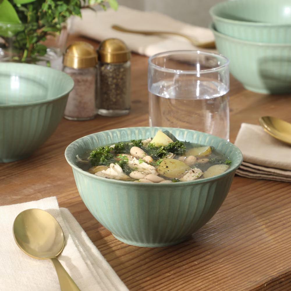 Cereal Bowls Set of 4, 6-Inch Stoneware Soup Bowls, Reactive Glaze Ribbed Bowl Set - Image 7