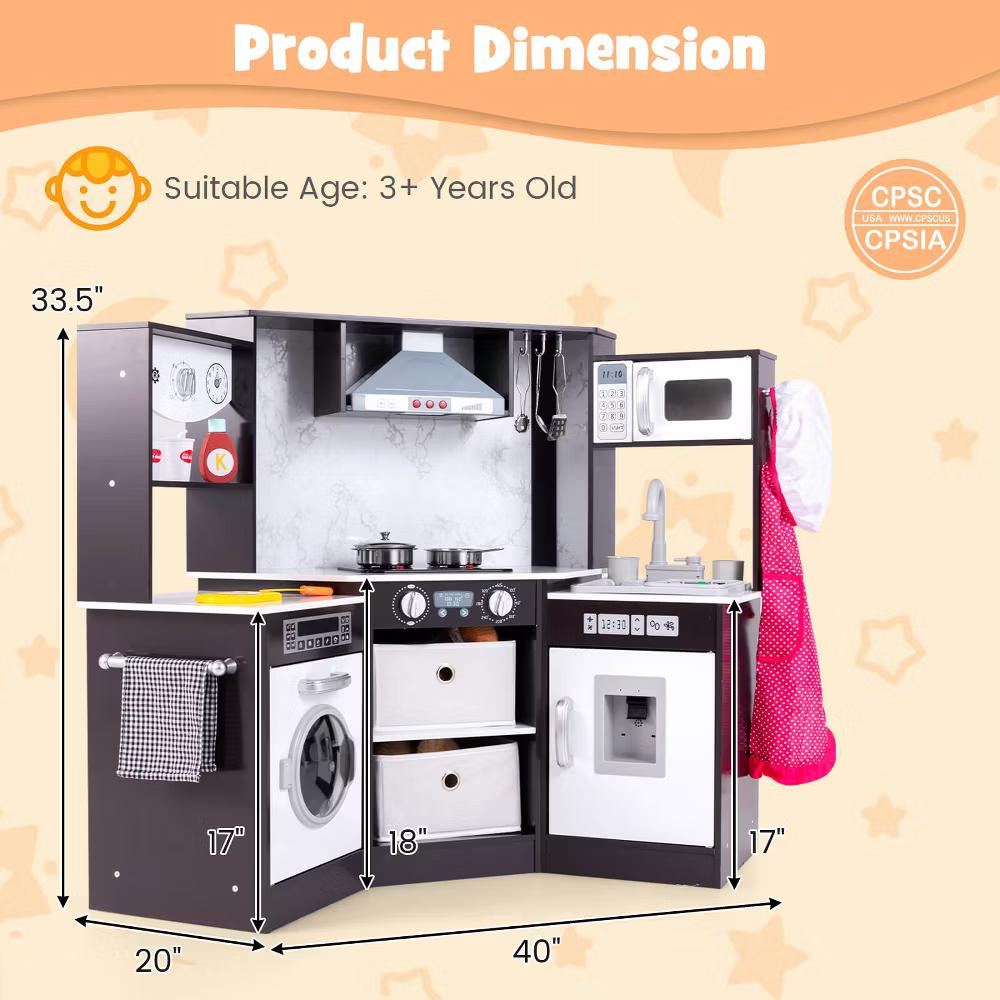 Wooden Kids Play Corner Kitchen with Realistic Lights & Sounds Lighted Range Hood Brown/Grey - Image 6