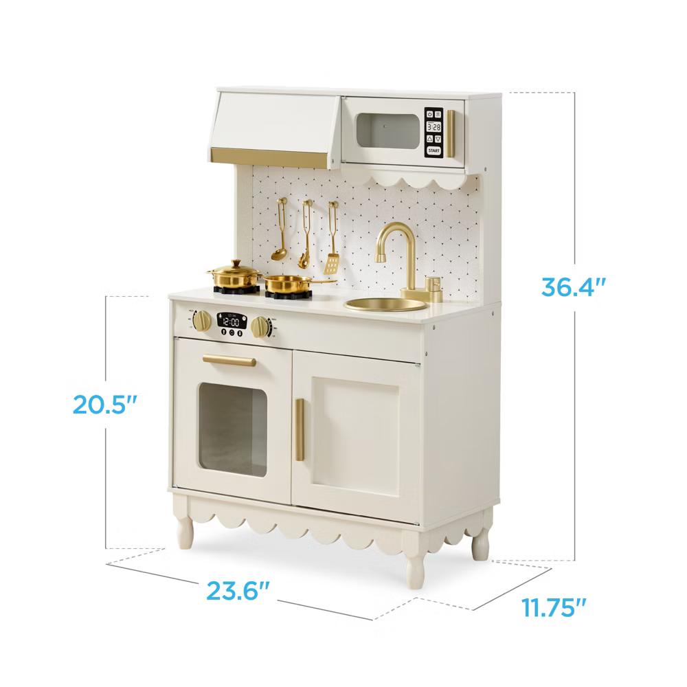 Wooden Cottage Kids Pretend Play Kitchen with 5 Accessories and Toy Storage - White - Image 32