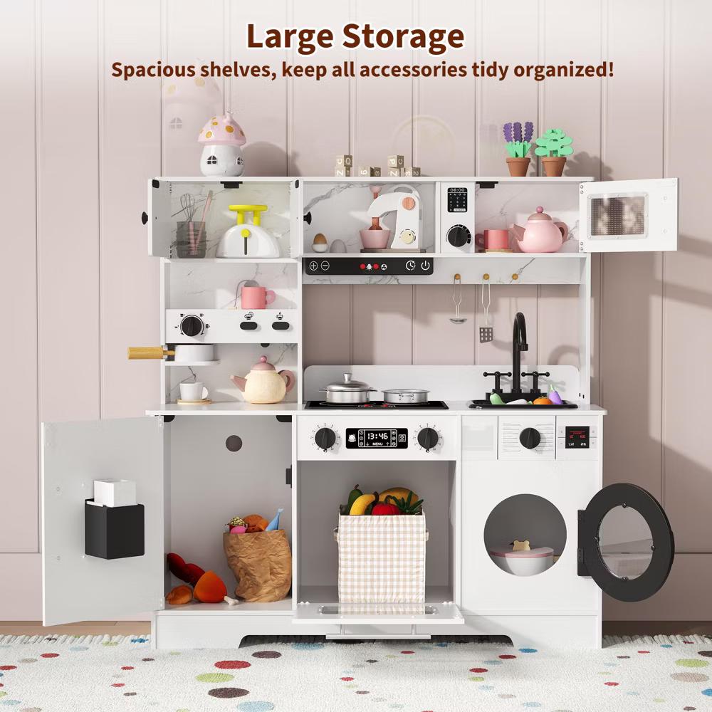 Wooden Play Kitchen for Kids, Wooden Kids Play Kitchen Playset with Lights Sounds, Toddler Pretend Cooking Set with Toy Food Cookware Accessories - Image 14