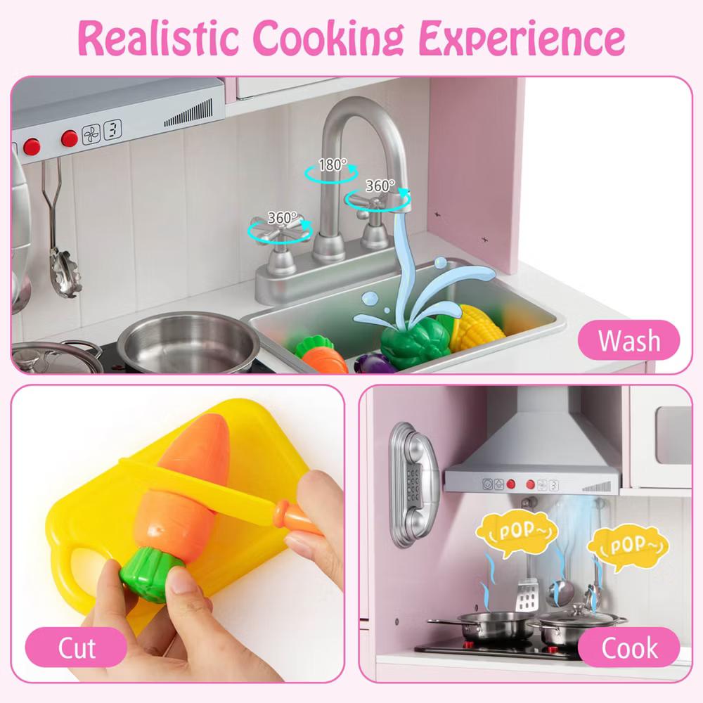 Kids Pretend Kitchen Play Set Toddler Toy Wooden Chef Height Adjustable with Sounds - Image 5