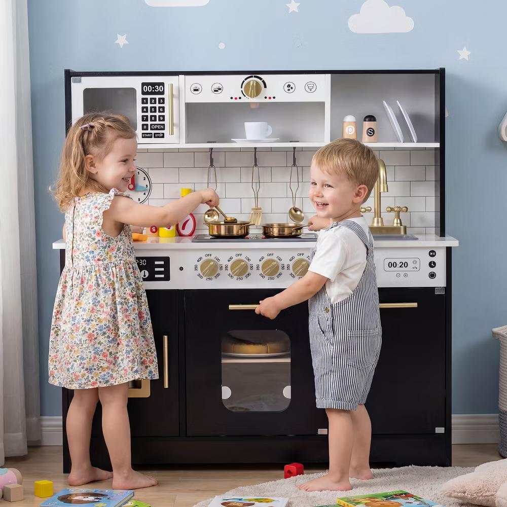 Play Kitchen for Kids, Wooden Kitchen Playset with Realistic Lights & Sounds White/Black - Image 4