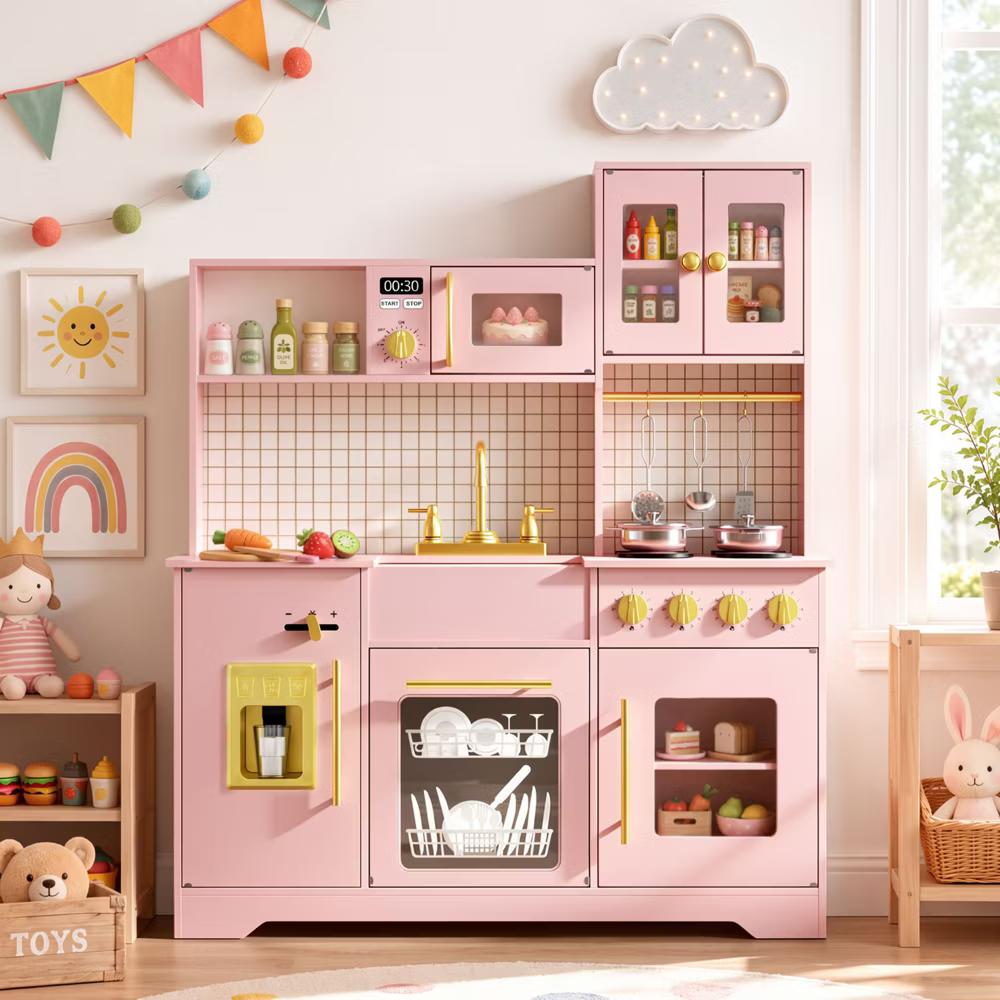 Wooden Play Kitchen with Running Water Sink, Clicking Stove Knobs, Microwave, Oven, Ice Maker & Storage, Ages 3+ - Image 24