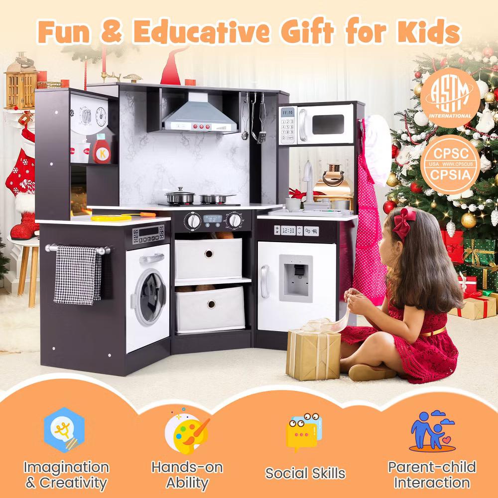 Wooden Kids Play Corner Kitchen with Realistic Lights & Sounds Lighted Range Hood Brown/Grey - Image 3