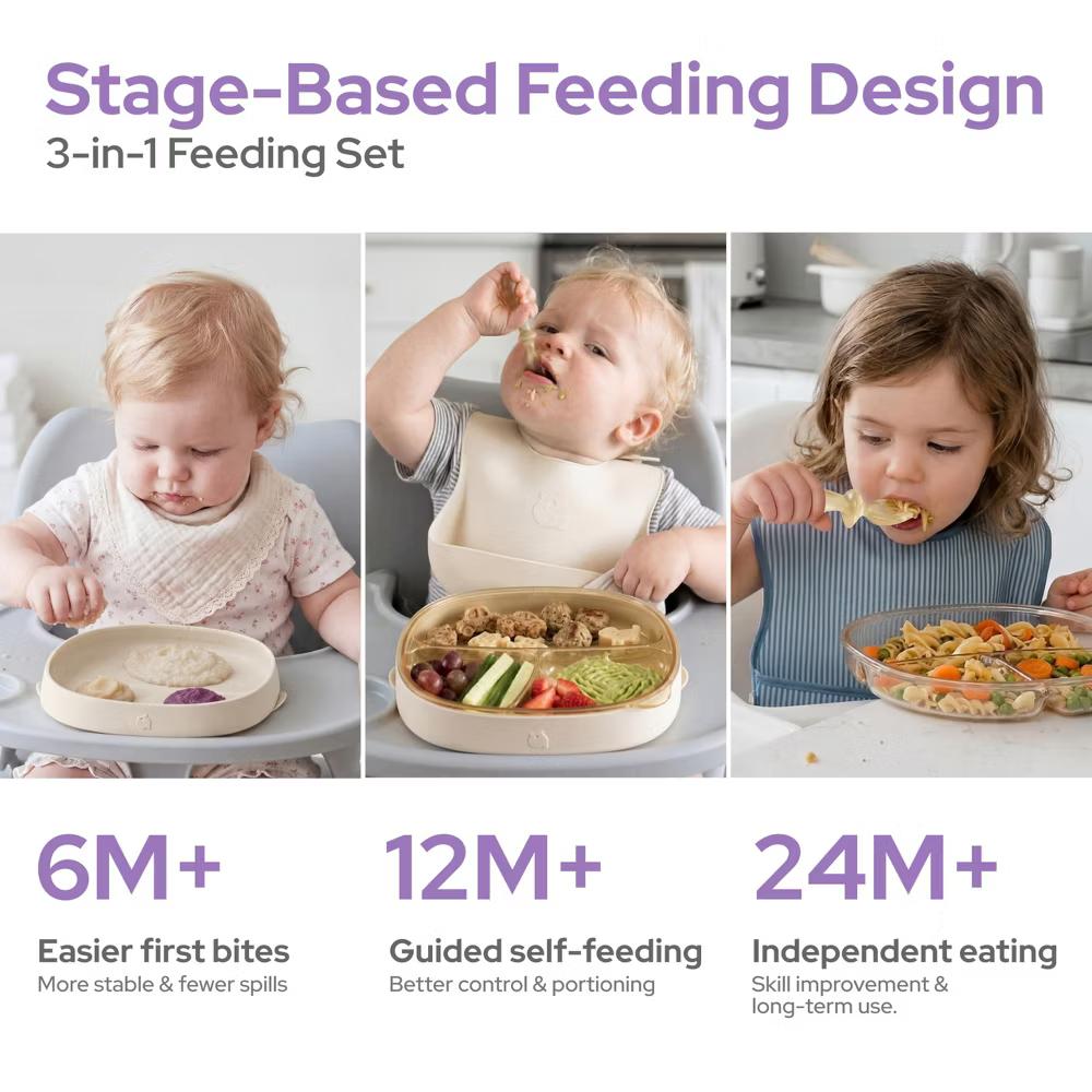 4 PCS Toddler Plates with Suction Base Spoons & Fork Baby Divided Dishes for 0 1 2 3 Years Old PPSU & Food Grade Silicone BPA Free Oat Milk - Image 5