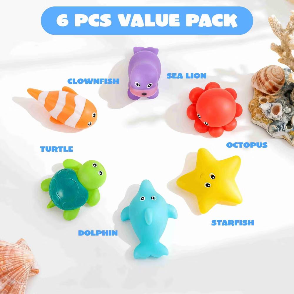 6 Pcs Sea Animal Bath Toys, Sealed No-Hole Mold Free Bathtub Toys for Kids, Non-Toxic Soft Water Vehicles Toys Squeezable Float on Water - Image 9
