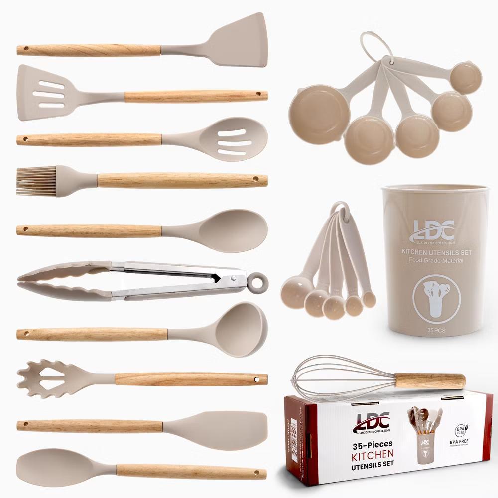 Lux Decor Cooking Utensil Set 35 Piece Silicone and Wood Kitchen Utensil Set with Holder Non Stick Kitchen Gadgets & Tools - Image 10