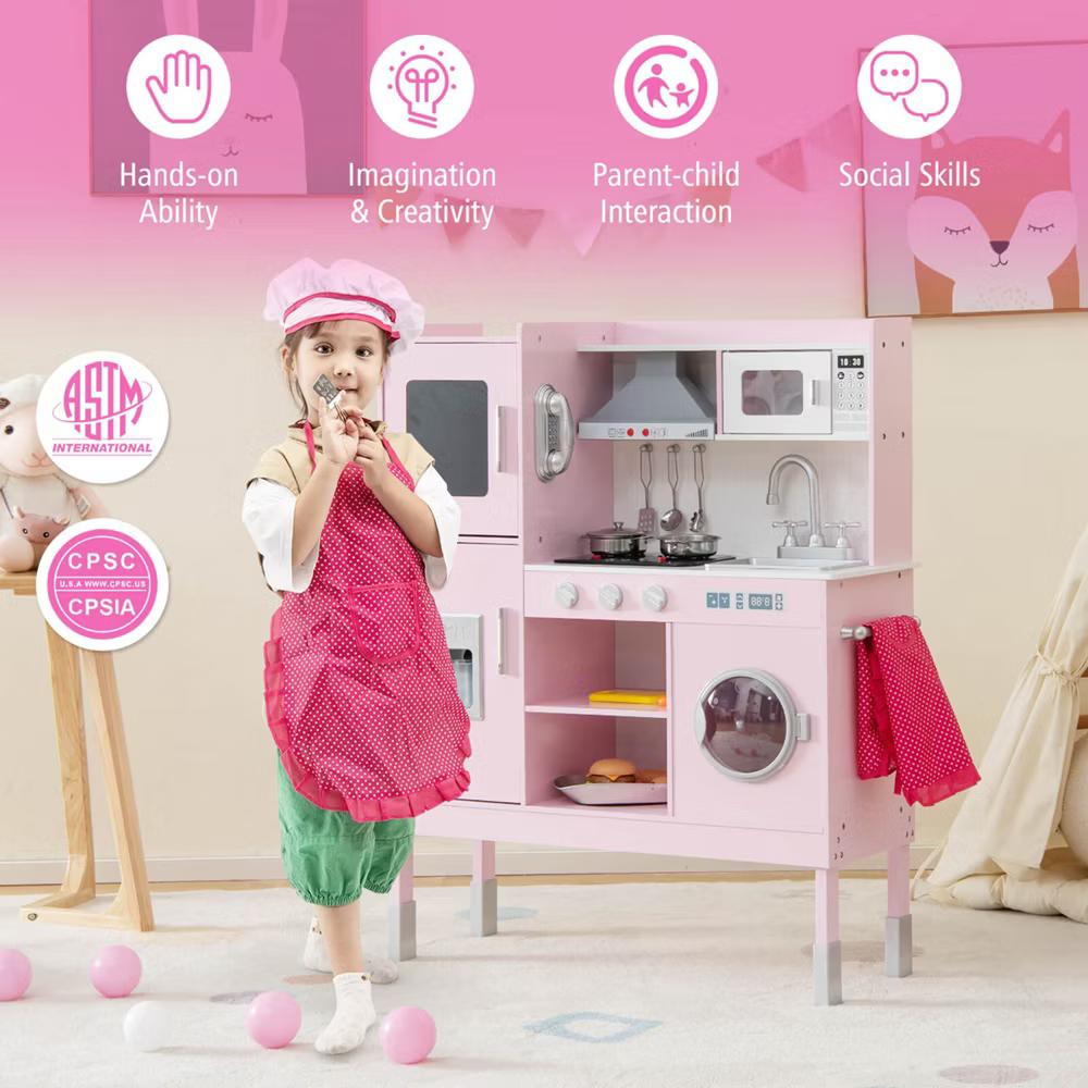 Kids Pretend Kitchen Play Set Toddler Toy Wooden Chef Height Adjustable with Sounds - Image 10