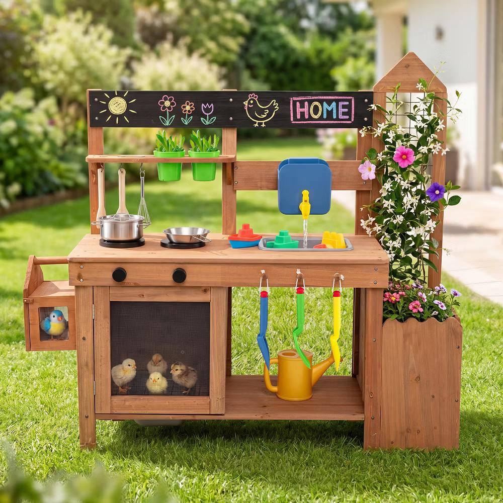 Kids Mud Kitchen with Detachable Bird Cage, Planter, Trellis, 2 Sinks, Stoves - Image 3