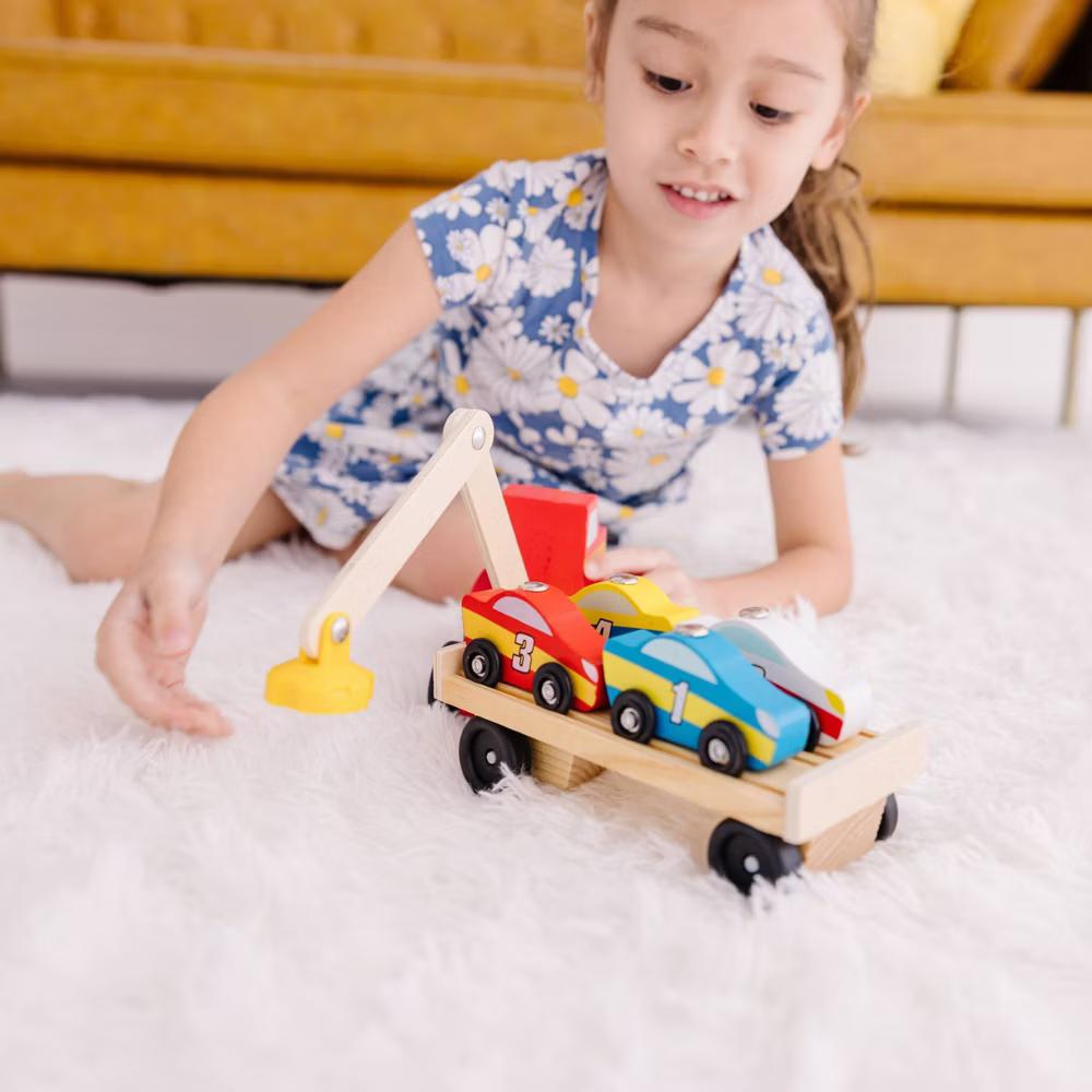 Magnetic Car Loader Wooden Toy Set With 4 Cars and 1 Semi-Trailer Truck - Image 2