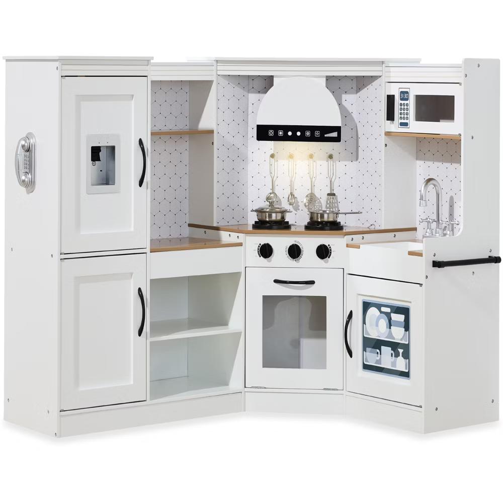 Pretend Play Corner Kitchen, Interactive Wooden Kids Set w/ Lights & Sounds - White - Image 76