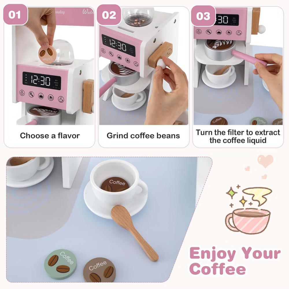 Corner Kitchen Playset with Coffee Machine Oven Microwave Washing Machine White/Brown/Pink - Image 15