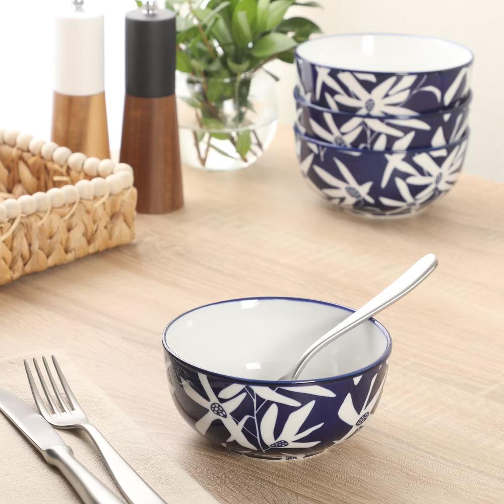 Ivory Estate 4-Piece Cereal Bowl Set, 5.5 Inch Round Stoneware Bowls, Blue & White Floral Pattern, Assorted Designs - Image 2