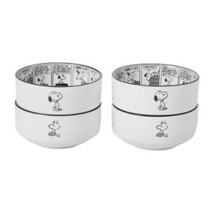 Peanuts Snoopy Cereal Bowls, Set of 4, 4.5-Inch Porcelain Snack Bowls for Ice Cream and Dessert, Sunday Comic Strip Design with Snoopy and Woodstock
