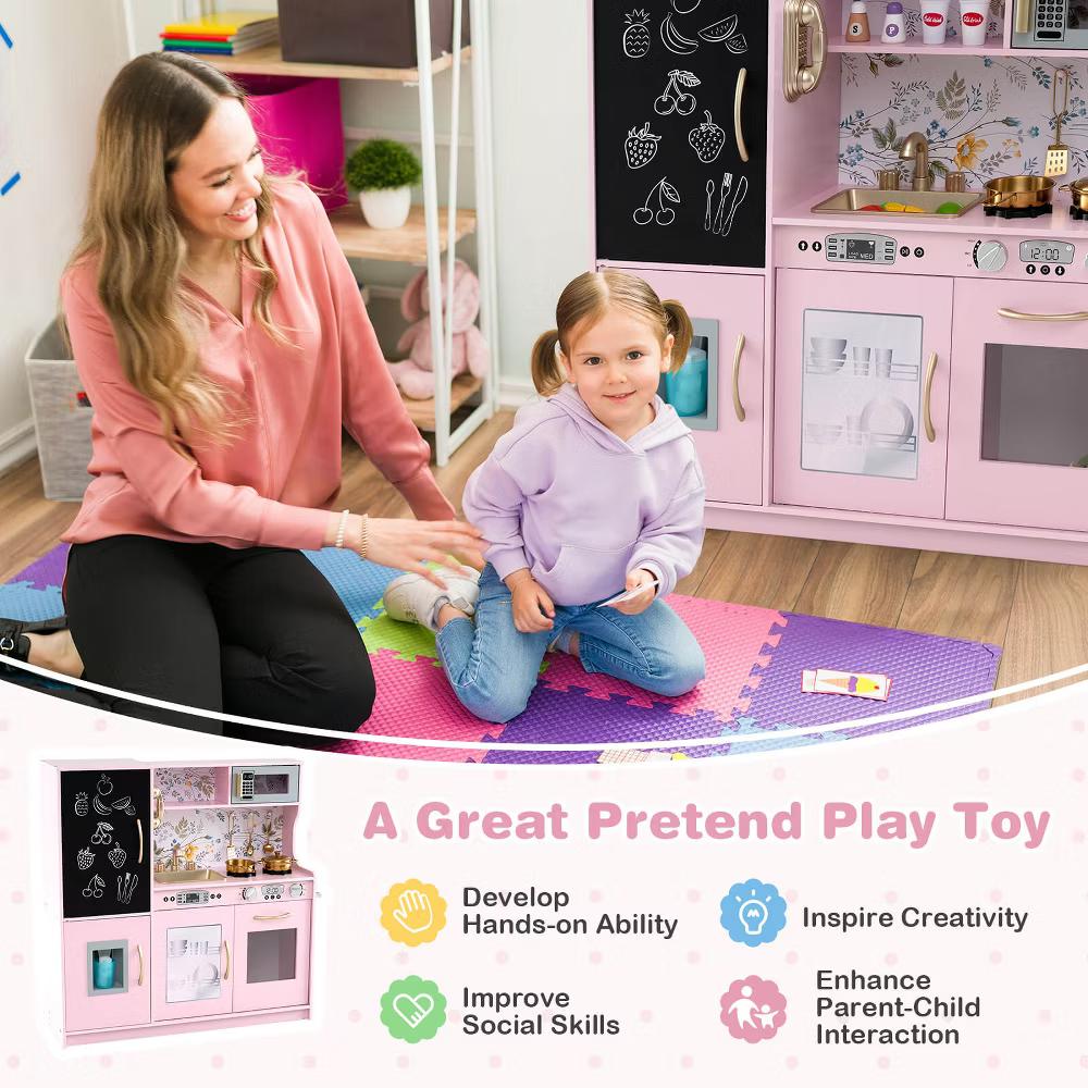 Kid's Pretend Play Kitchen Toddler Kitchen Playset with Blackboard Pink/White/Light Pink/Beige - Image 50