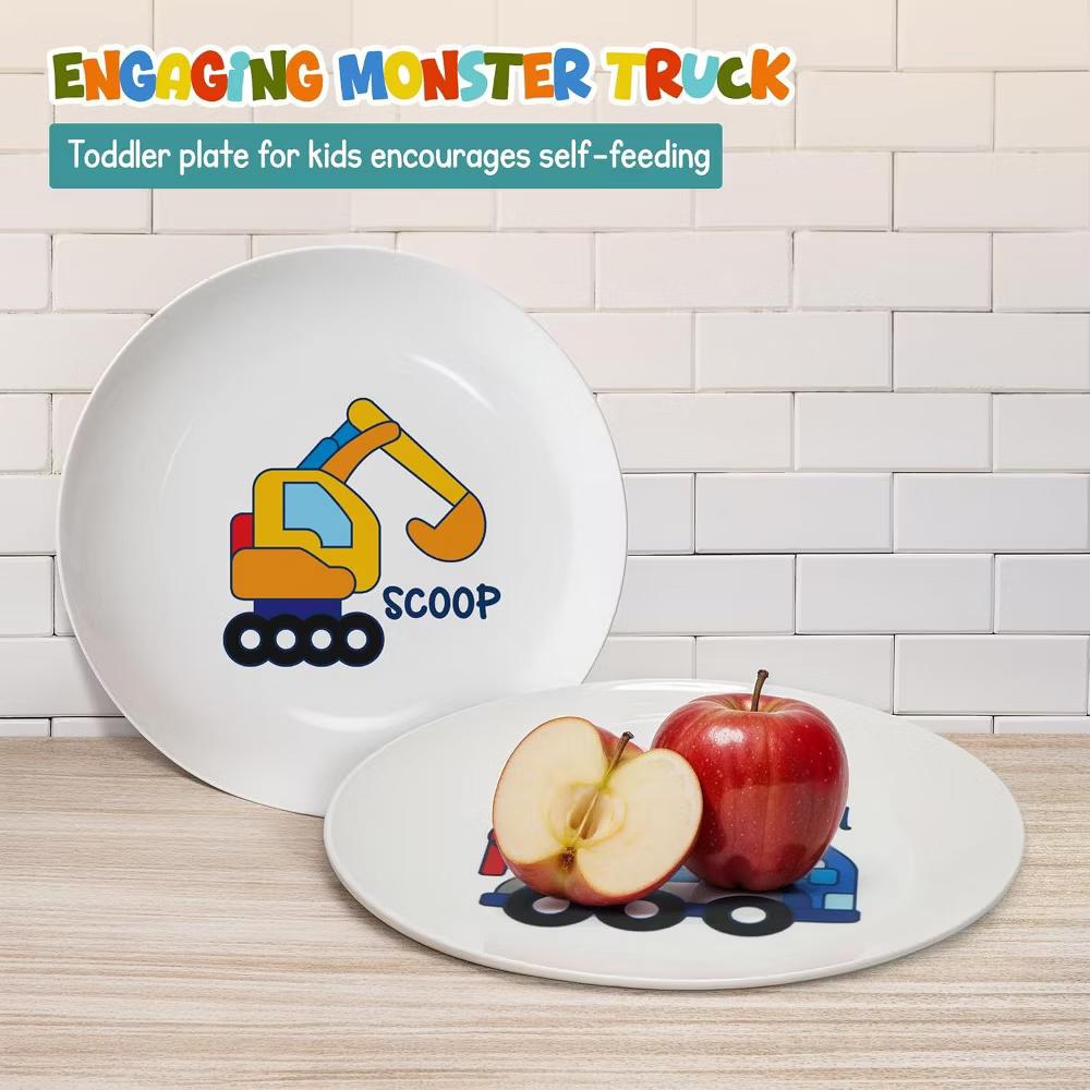 4E’s Novelty Construction Kids Plate Set – 4-Pack Melamine Toddler Plates